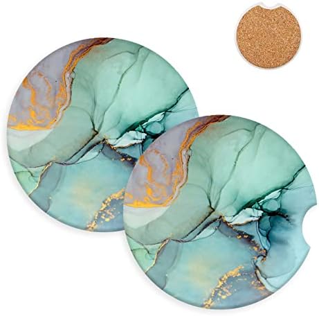 Teal Marble Car Coasters for Drinks Absorbent with Cork, Cute Ceramic Car Coasters Set of 2 with A Finger Notch for Easy Removal,Auto Accessories for Women & Men